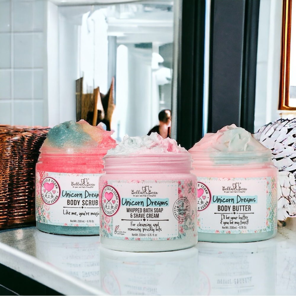 Bella & Bear Vegan Unicorn Dreams Bath Soap, Body Scrub & Body Butter Set